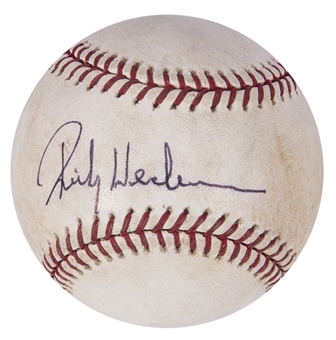 2001 Rickey Henderson Game Used & Signed OMLB Selig Baseball With Career Hit Number 2,975 (MEARS & Beckett)